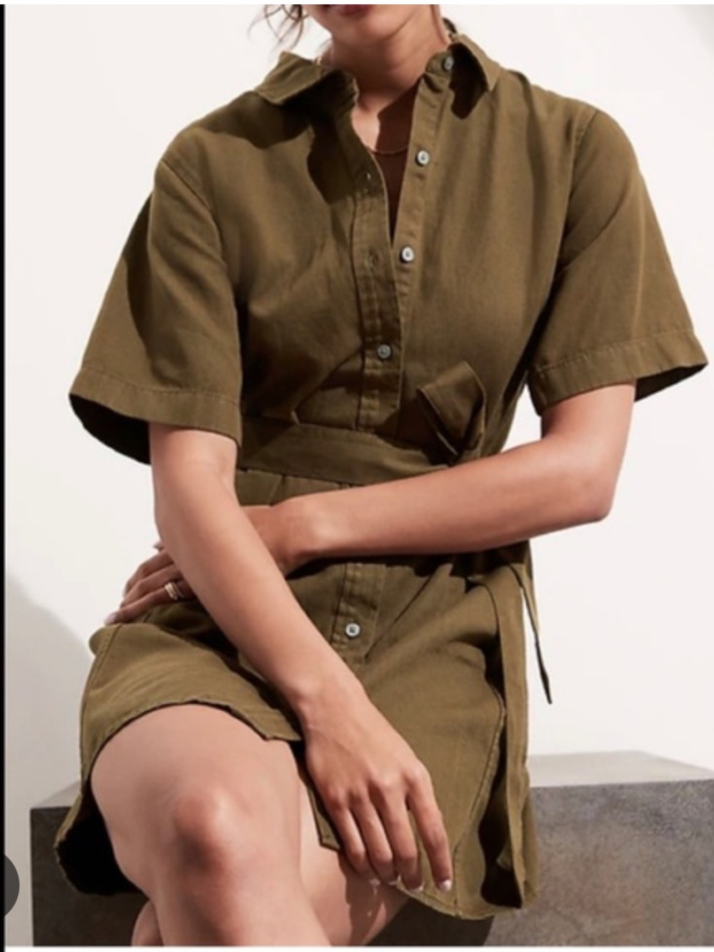 Banana Republic Olive Cotton-Linen Tie-Waist Shirtdress